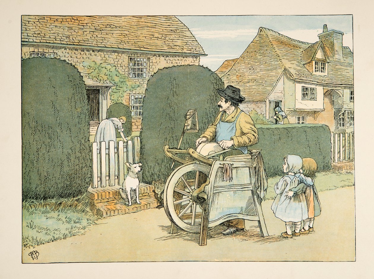 Knivslipen, från Four and Twenty Toilers, pub. 1900 (färglitografi) av Francis Donkin Bedford