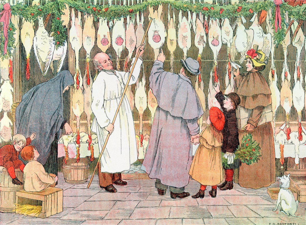 The Poulterer, 1899. Ur The Book of Shops, 1899 av Francis Donkin Bedford