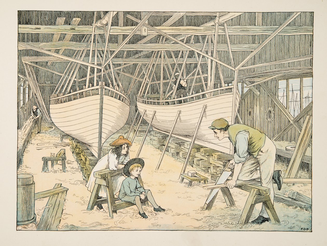 Skeppsbyggaren, från Four and Twenty Toilers, publ. 1900 (färglitografi) av Francis Donkin Bedford