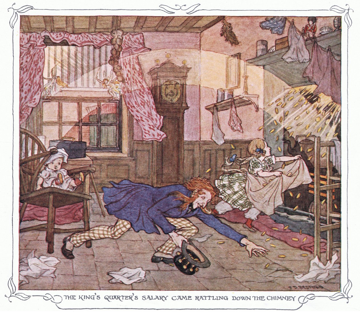 Kungens lön kom rasslande ner genom skorstenen, från The Magic Fishbone pub.by Warne  Co, ca 1940 (färglitografi) av Francis Donkin Bedford