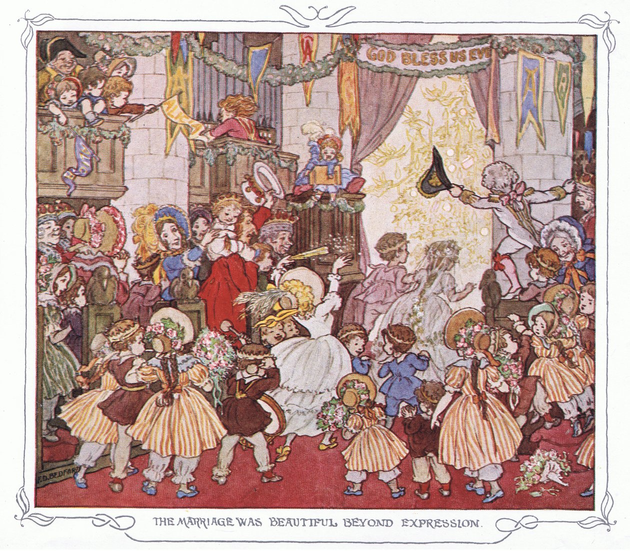 Bröllopet var oändligt vackert, från The Magic Fishbone pub.by Warne  Co, ca 1940 (färglitografi) av Francis Donkin Bedford