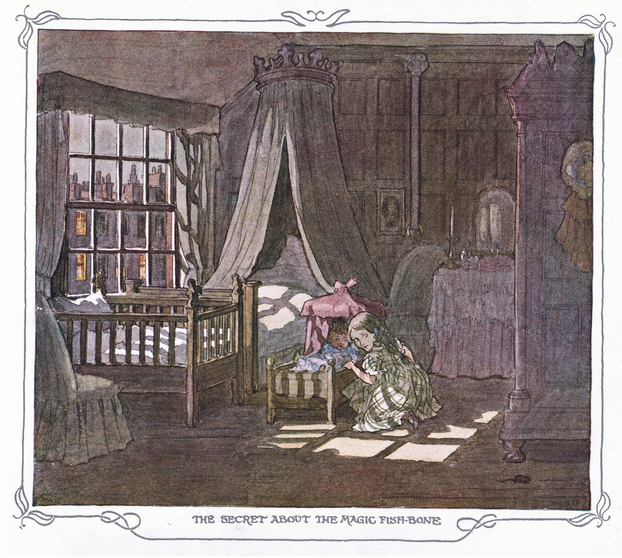 Hemligheten med det magiska fiskbenet, från The Magic Fishbone pub.by Warne  Co, ca 1940 (färglitografi) av Francis Donkin Bedford