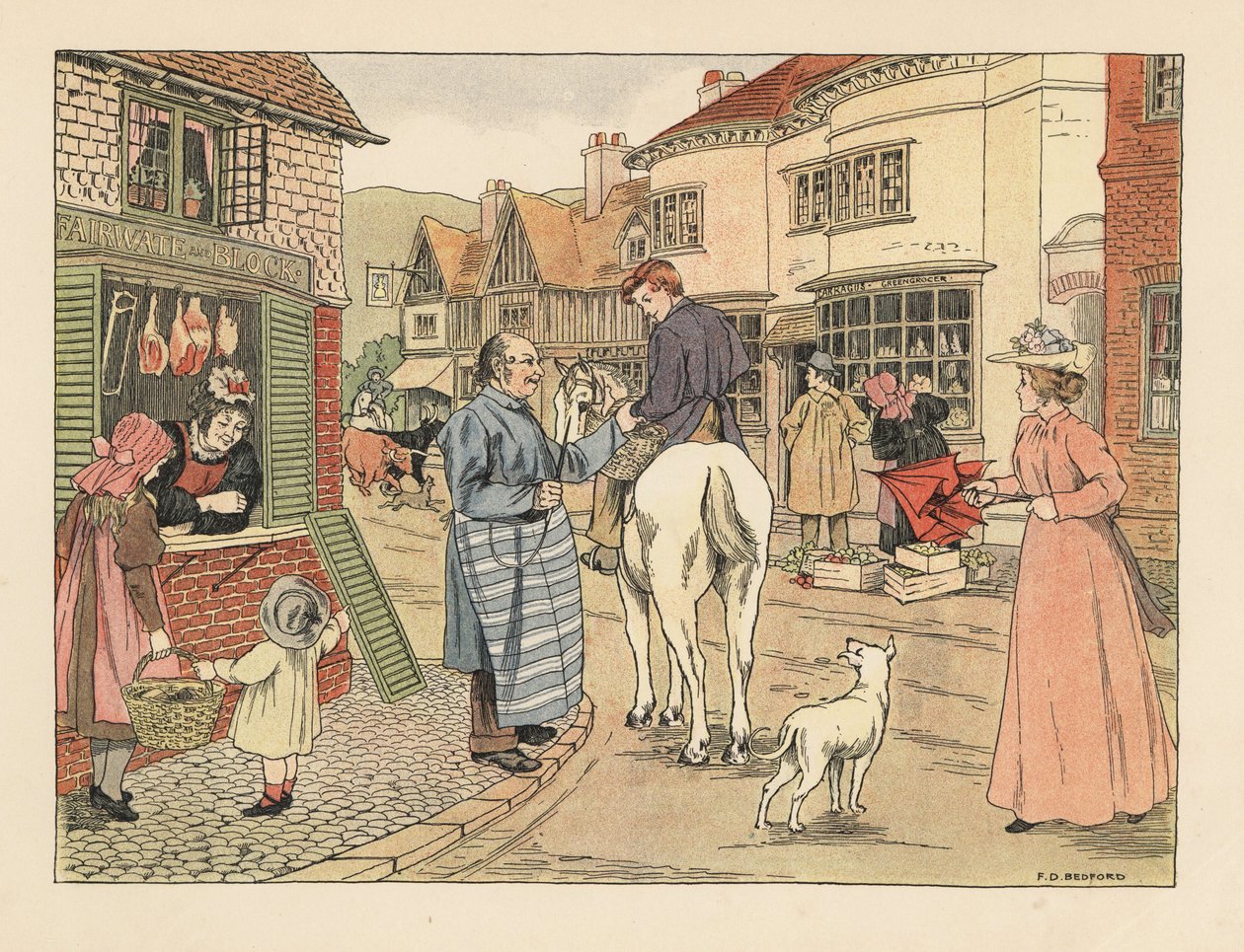 Viktoriansk slaktare och slaktarpojke till häst på en gata i en by. Kromolitografi efter en illustration av Francis Donkin Bedford från Edward Verrall Lucas