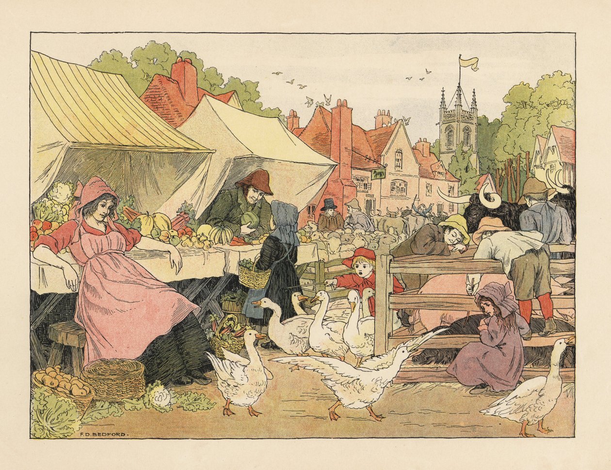 Viktorianska barn som köper grönsaker, jagar gäss och petar på grisar på en bymarknad. Kromolitografi efter en illustration av Francis Donkin Bedford från Edward Verrall Lucas
