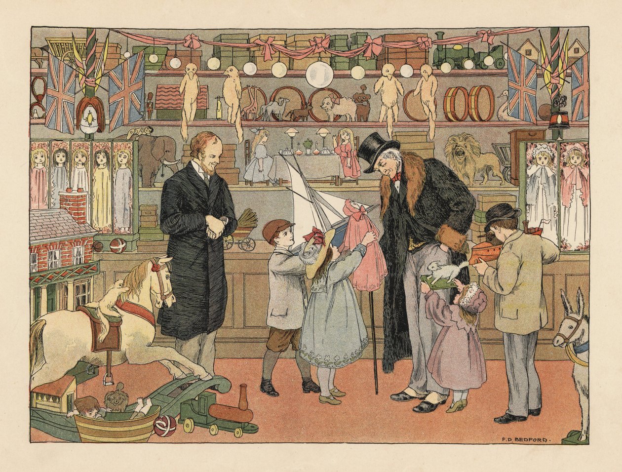 Viktorianska barn väljer leksaker med sin farbror i en leksaksaffär. Kromolitografi efter en illustration av Francis Donkin Bedford från Edward Verrall Lucas
