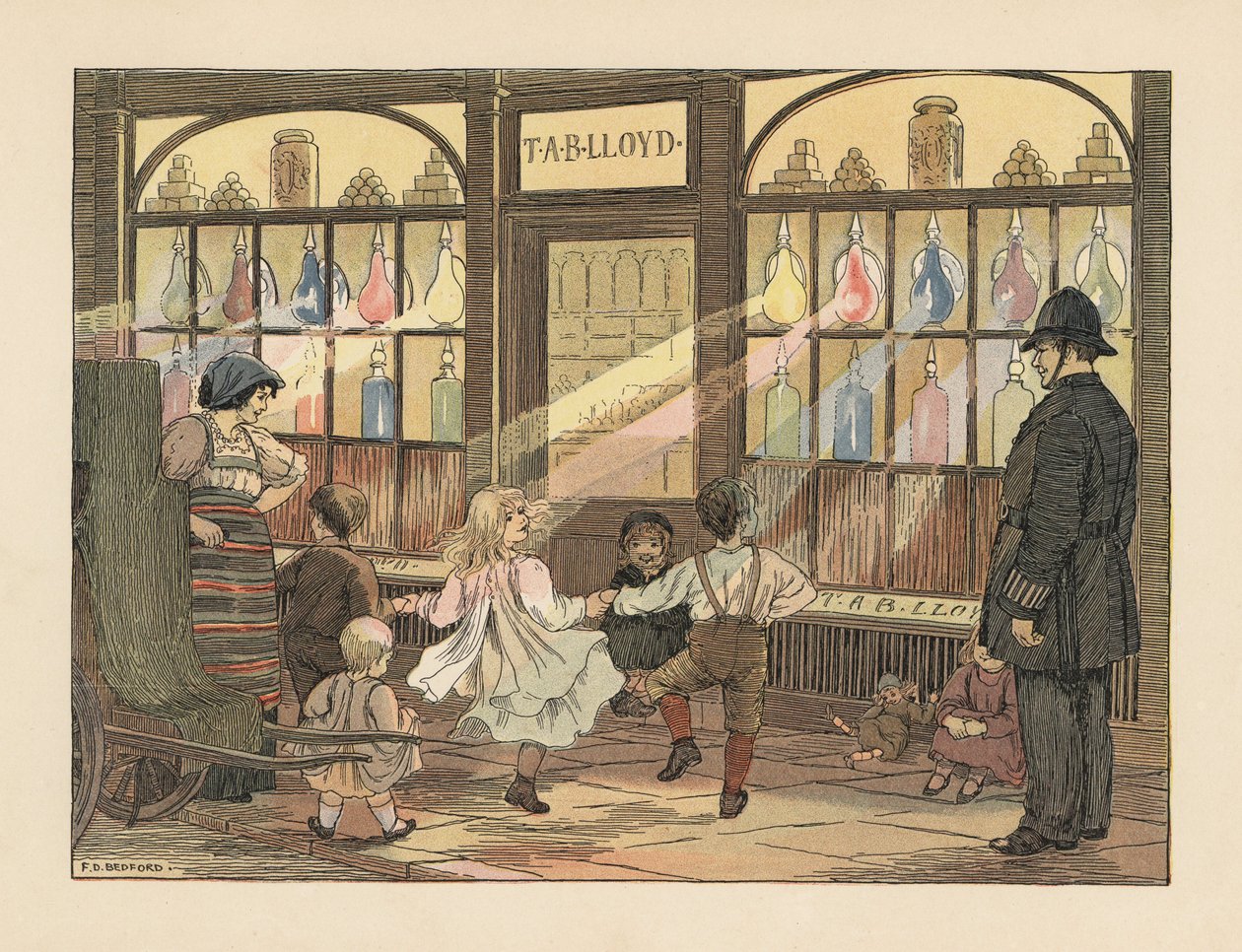 Viktorianska barn dansar framför en apoteksbutik medan en polisman tittar på. Kromolitografi efter en illustration av Francis Donkin Bedford från Edward Verrall Lucas