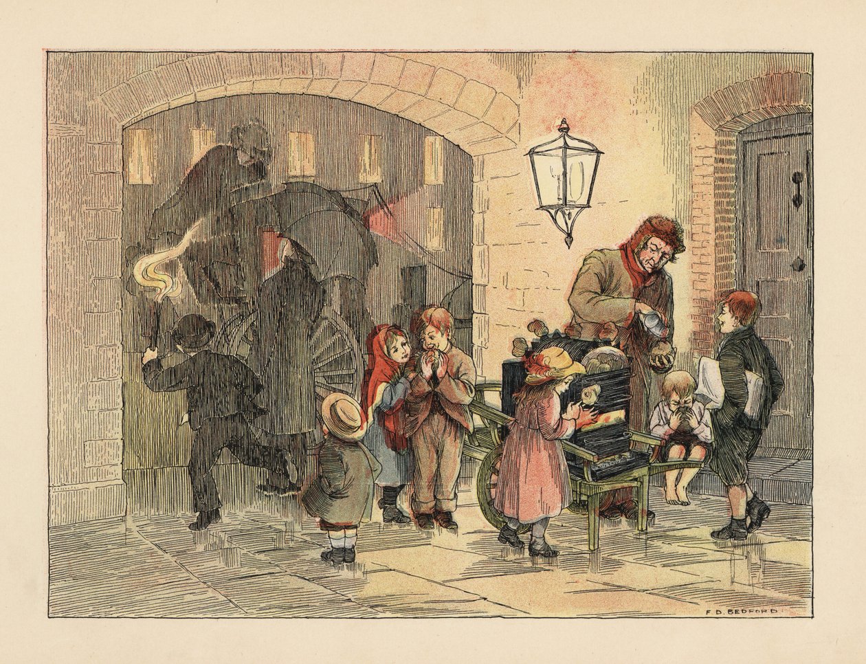 Viktorianska barn äter varma potatisar från potatisgubben. I bakgrunden går människor med paraplyer ombord på en vagn i regnet. Kromolitografi efter en illustration av Francis Donkin Bedford från Edward Verrall Lucas