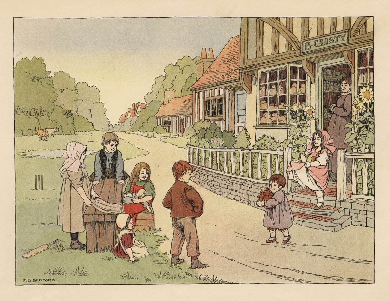 Viktorianska barn utanför byns bageri B. Crusty. Kromolitografi efter en illustration av Francis Donkin Bedford från Edward Verrall Lucas