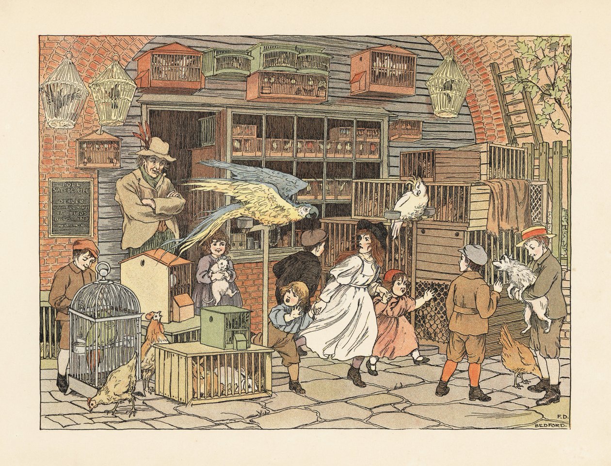 Viktorianska barn leker med papegojor och kakaduor i en fågelbutik eller djuraffär. Kromolitografi efter en illustration av Francis Donkin Bedford från Edward Verrall Lucas