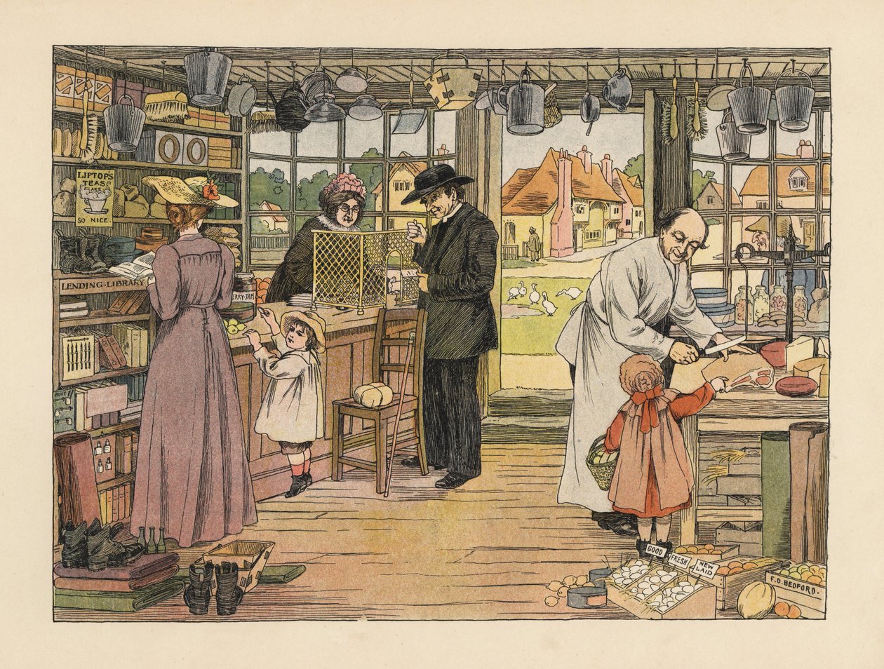 Viktorianska kunder som köper skinka, böcker och postorder i byns butik. Kromolitografi efter en illustration av Francis Donkin Bedford från Edward Verrall Lucas
