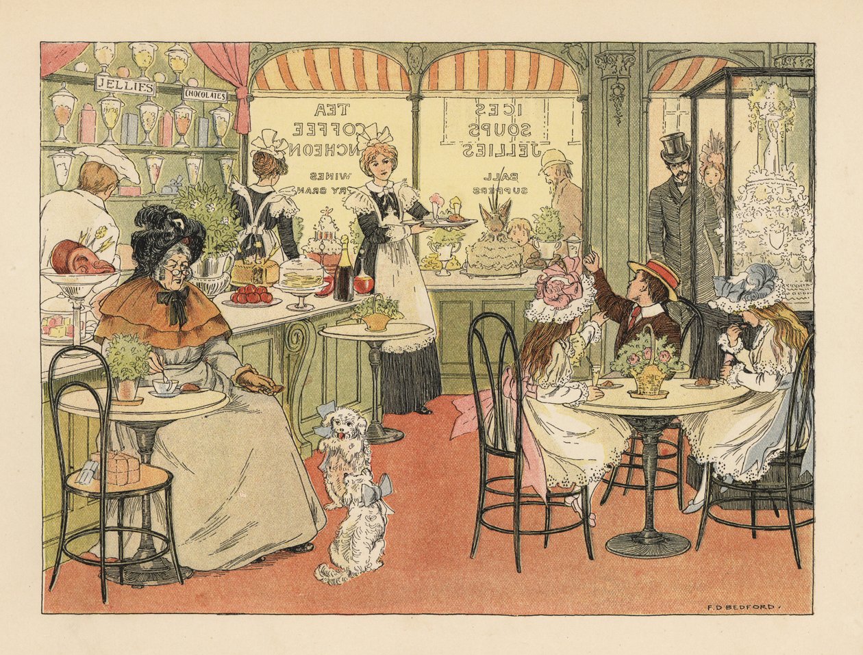 Viktorianska kunder i en teaffär och konditori. Kromolitografi efter en illustration av Francis Donkin Bedford från Edward Verrall Lucas