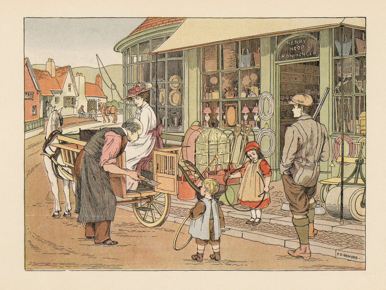 Viktoriansk familj hos Henry Hoop, byns järnhandlare. Kromolitografi efter en illustration av Francis Donkin Bedford från Edward Verrall Lucas