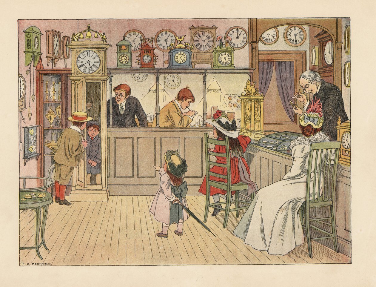 Viktoriansk familj hos urmakare. Barn leker i ett farfarsklocka, medan en kontorist lagar en klocka. Kromolitografi efter en illustration av Francis Donkin Bedford från Edward Verrall Lucas