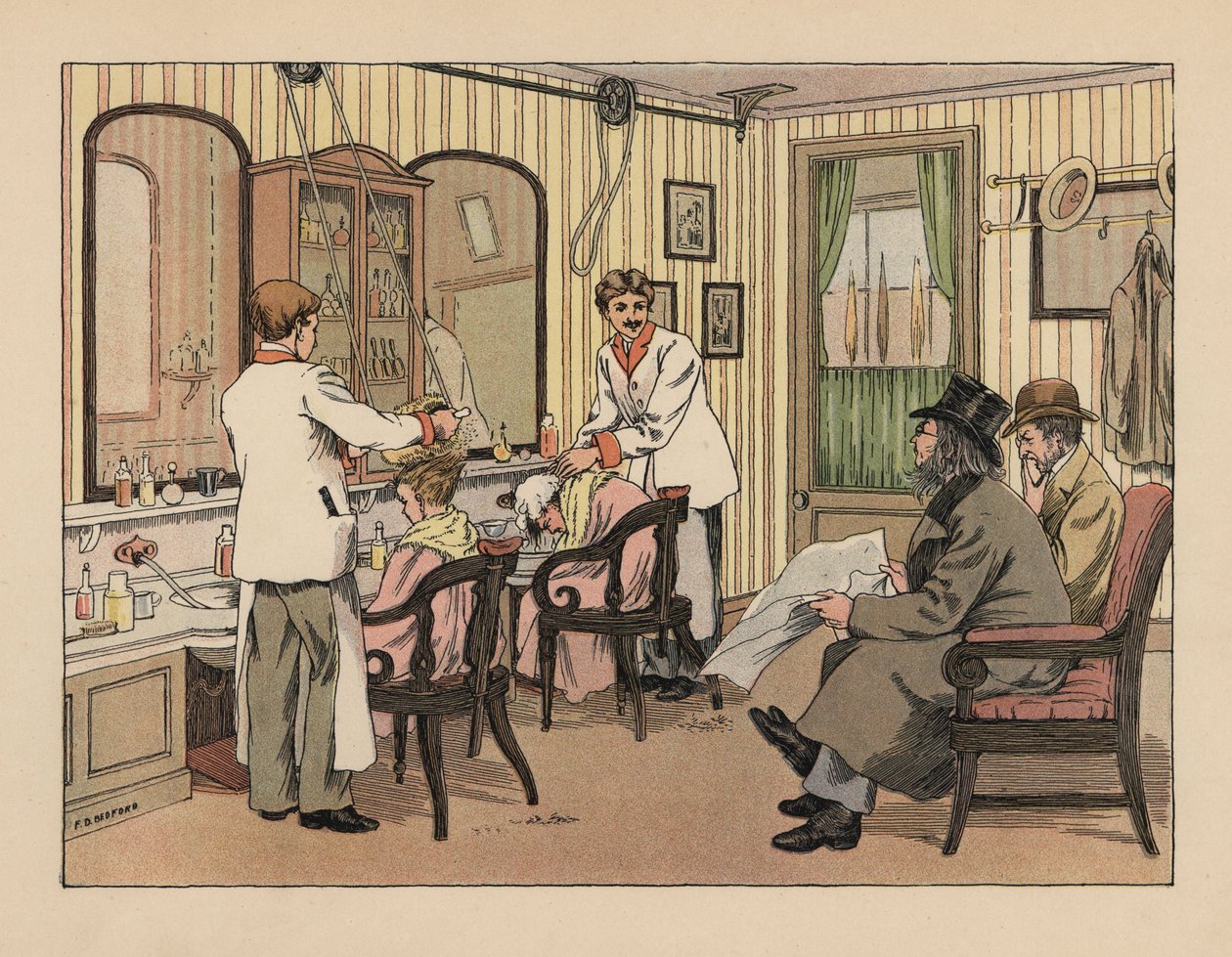 Viktorianska herrar som får håret schamponerat och behandlat med en hårborstmaskin i en frisersalong. Kromolitografi efter en illustration av Francis Donkin Bedford från Edward Verrall Lucas