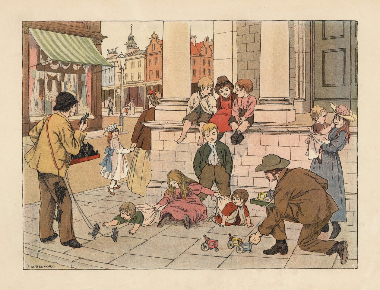 Viktorianska trottoarhandlare säljer pennyleksaker till barn på en gata i London. Kromolitografi efter en illustration av Francis Donkin Bedford från Edward Verrall Lucas