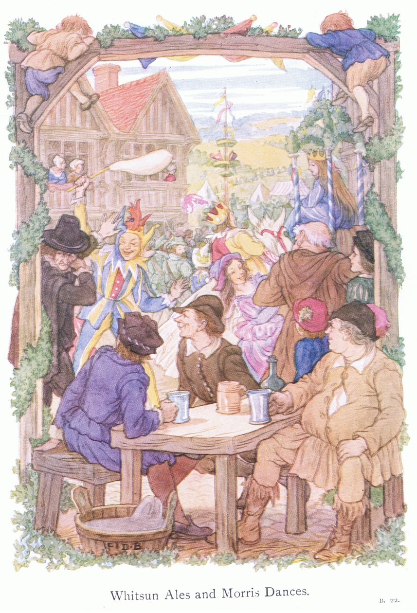 Whitsun ales och Morris-dansare (färglitografi) av Francis Donkin Bedford