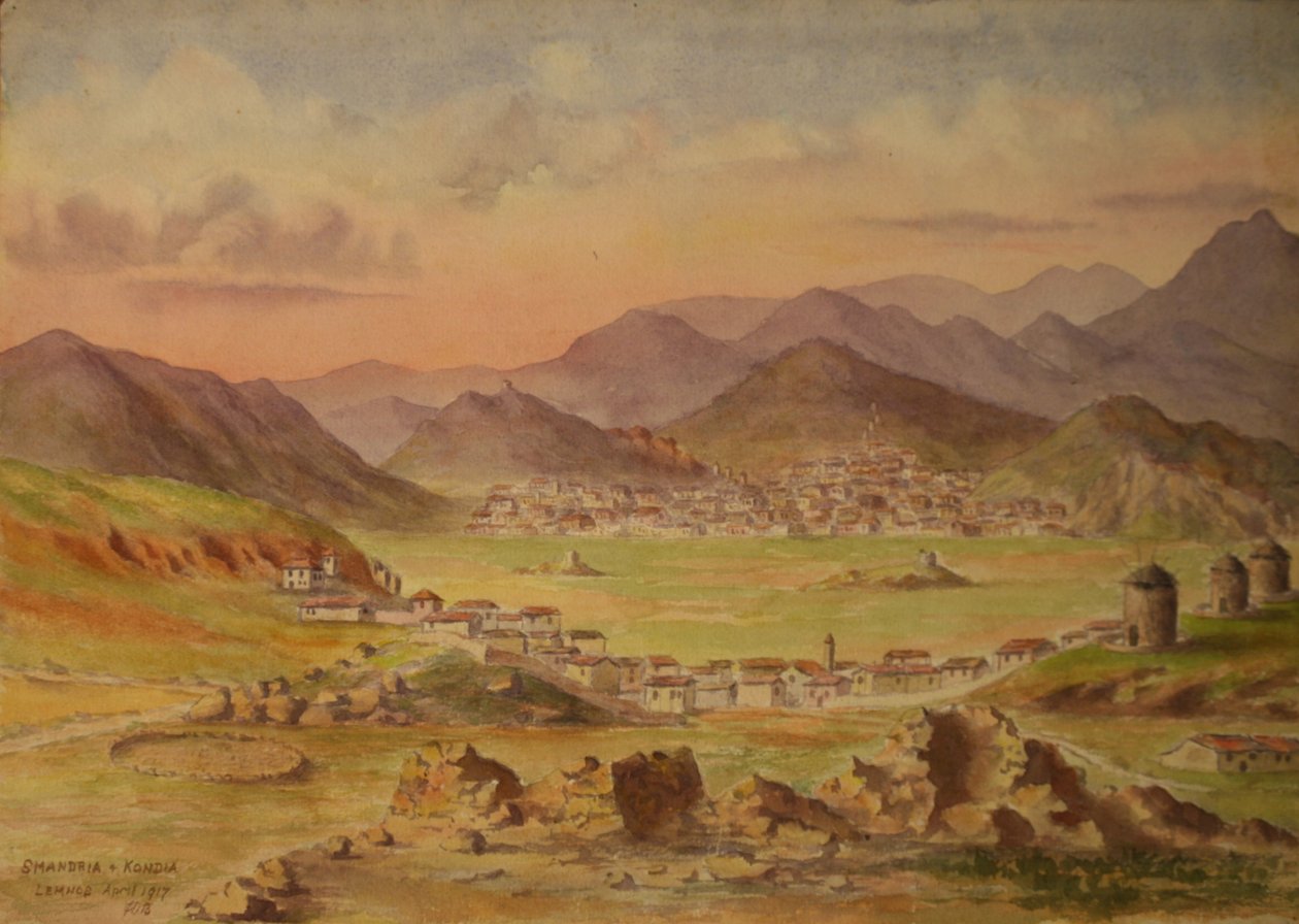 Vy över Smandria och Kondia på ön Lemnos, Grekland, april 1917 (akvarell på papper) av Francis Doveton Bridges