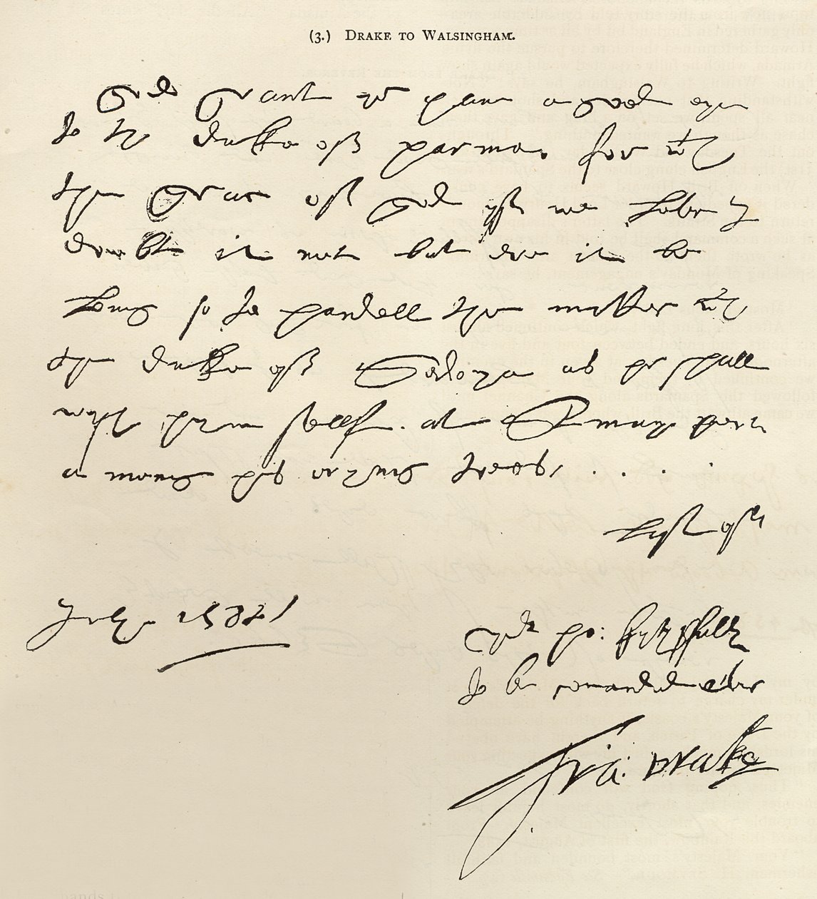 Brev från Sir Francis Drake till Sir Francis Walsingham undertecknat 29 juli 1588, publicerat i 