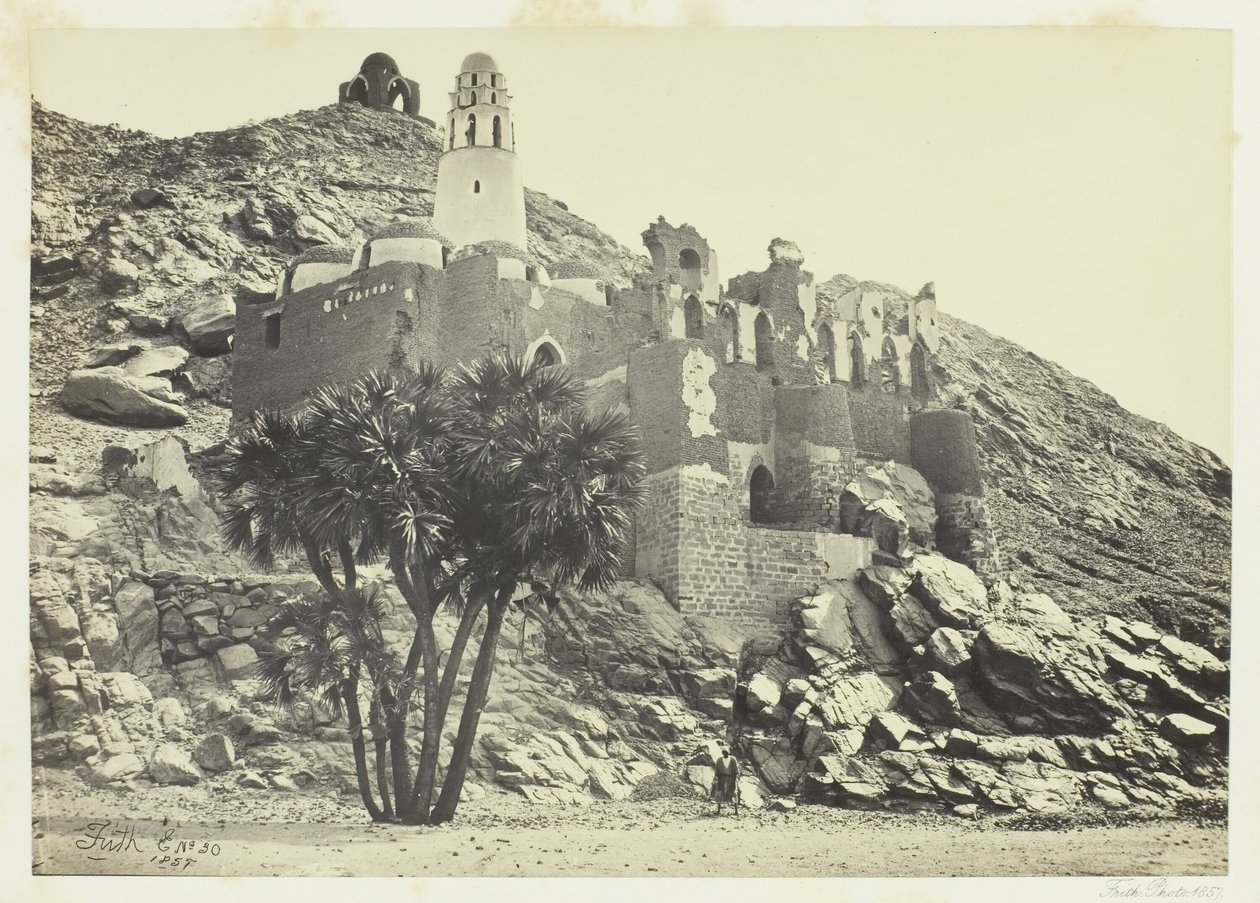 Doum Palm och den ruinerade moskén, Philæ, 1857. av Francis Frith