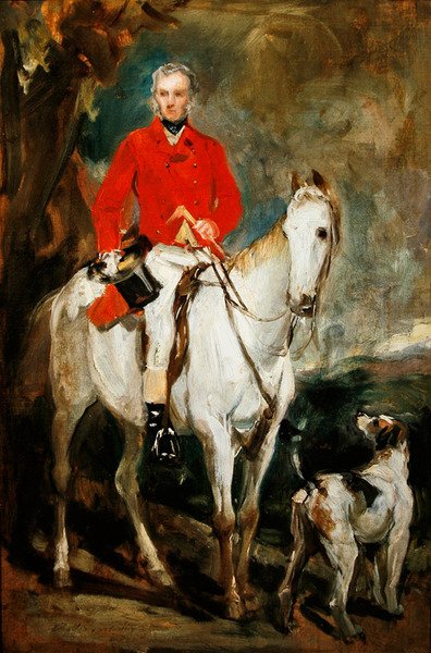Studie till "Charles Trelawny, Esq., Master of the Dartmoor Hunt, på sin favoritjägare Grimaldi, med hundarna Conqueror, Lounger och Windermere", ca 1863 (olja på duk). av Francis Grant