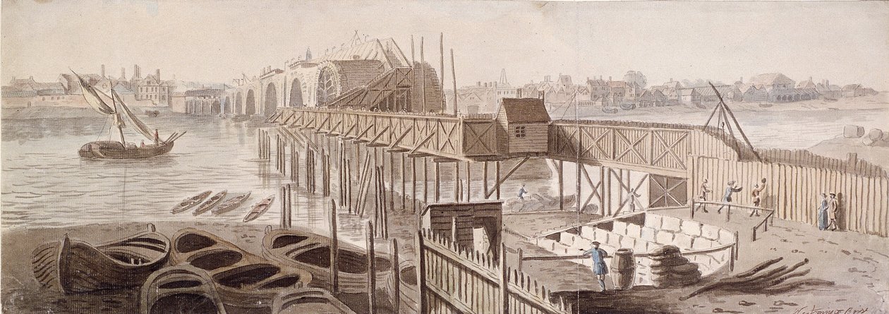 Konstruktion av Blackfriars Bridge, c1762 av Francis Grose