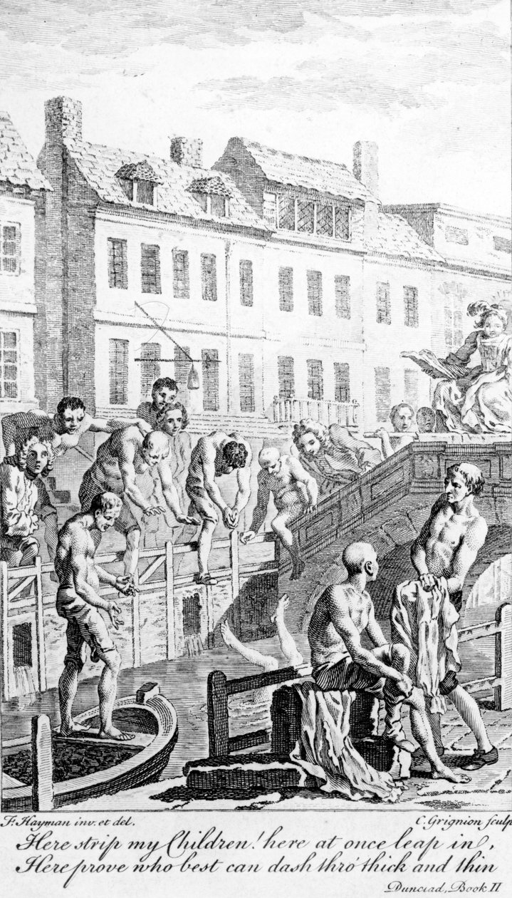 Bada i flodflottan, med ett citat från Alexander Popes "Dunciad", graverad av Charles Grignion, ca 1750 av Francis Hayman