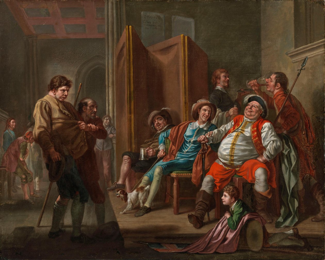 Falstaff värvar rekryter ur Shakespeares ”Henrik IV”, del II, akt III av Francis Hayman