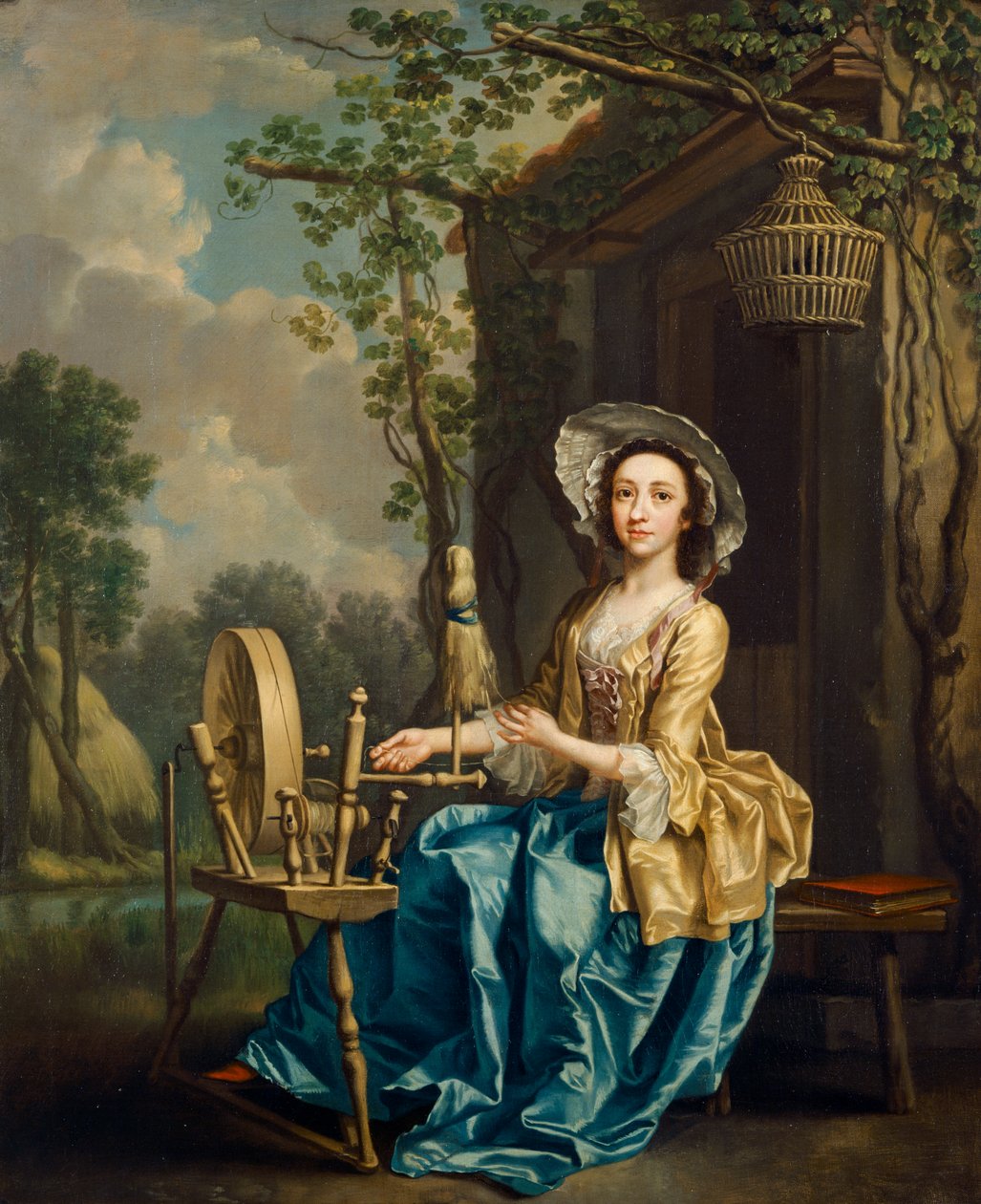 Girl on a spinning wheel (olja på duk) av Francis Hayman
