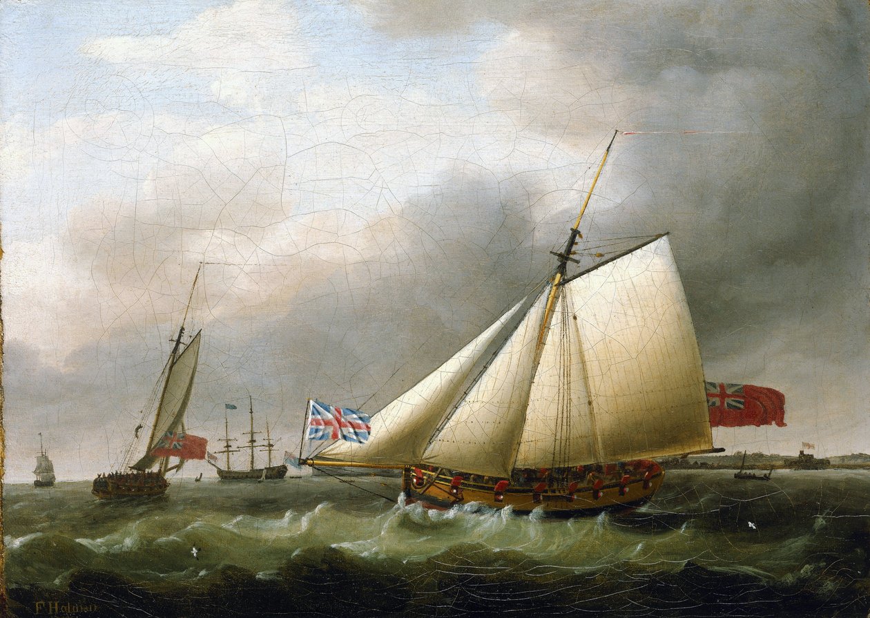 Fartyget "Fly" och andra fartyg, söder om Downs (England), med Union Jack-flaggan. Olja på duk av Francis Holman