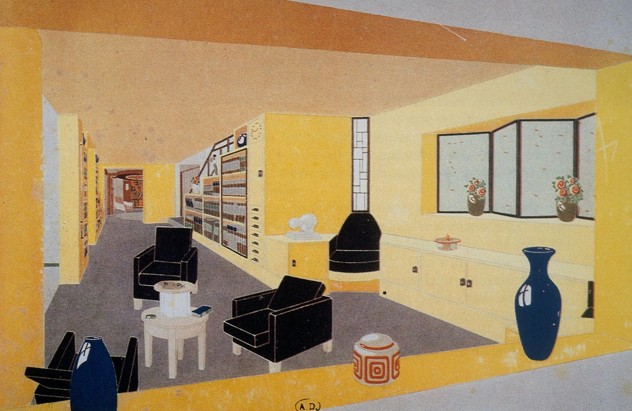 Perspective Fumoir för Amdassade Francoise, av Francis Jourdain (1876-1958), presenterad på Internationella utställningen för dekorativ konst i Paris 1925, Frankrike, 1900-tal av Francis Jourdain