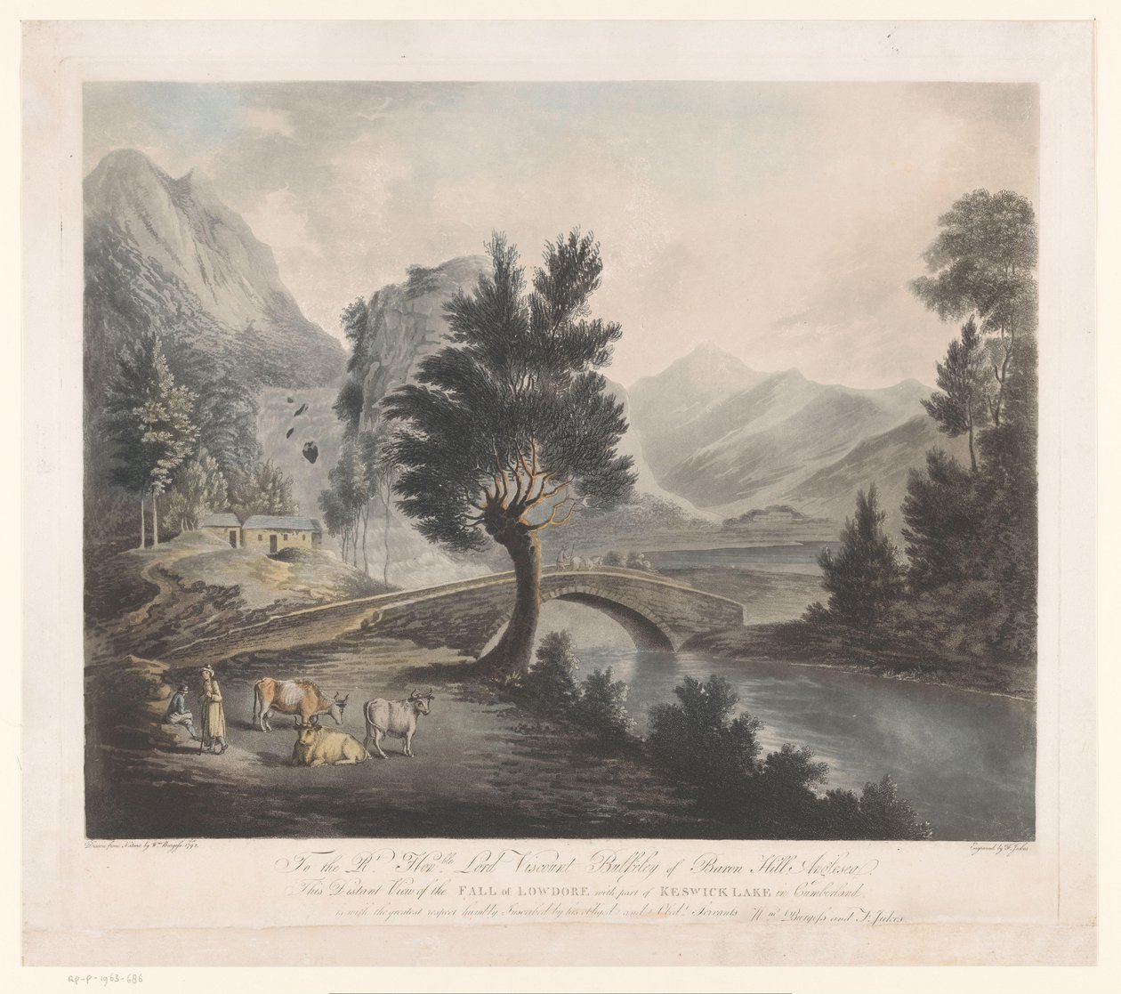 Utsikt över sjön Keswick med Lodore Falls Avlägsen vy av Lowdores fall med en del av Keswick Lake i Cumberland (titel på objektet) av Francis Jukes