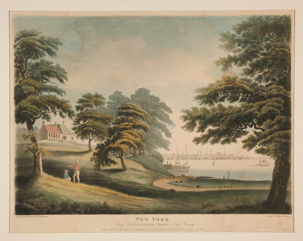 New York (från Hobuck Ferry House, New Jersey) av Francis Jukes