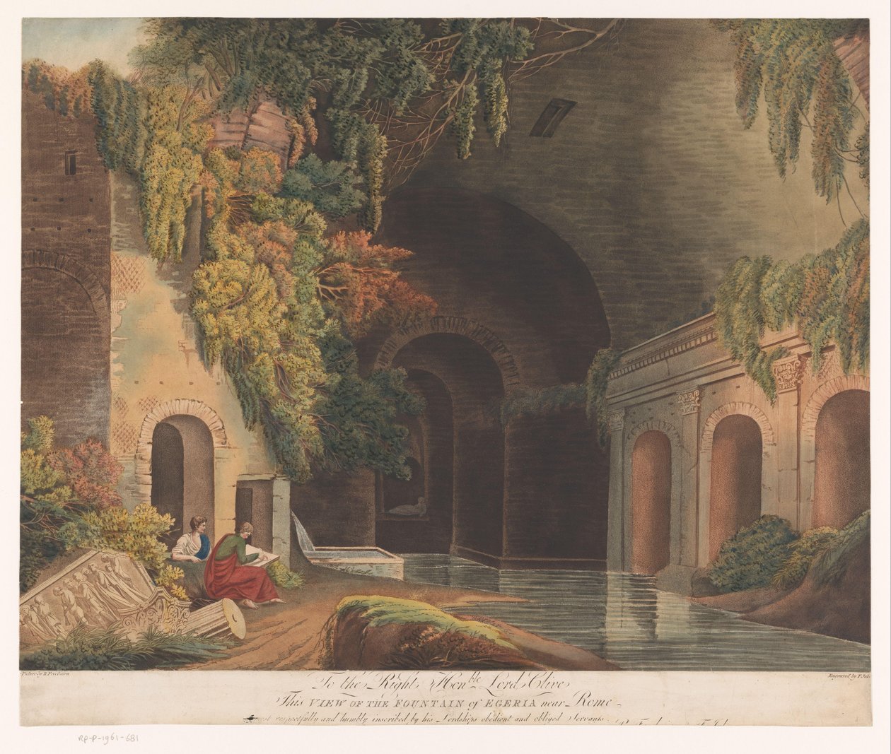 Två tecknare vid Nymphaeum of Egeria i Caffarellaparken nära Rom Utsikt över Egerias fontän nära Rom (titel på objektet) av Francis Jukes