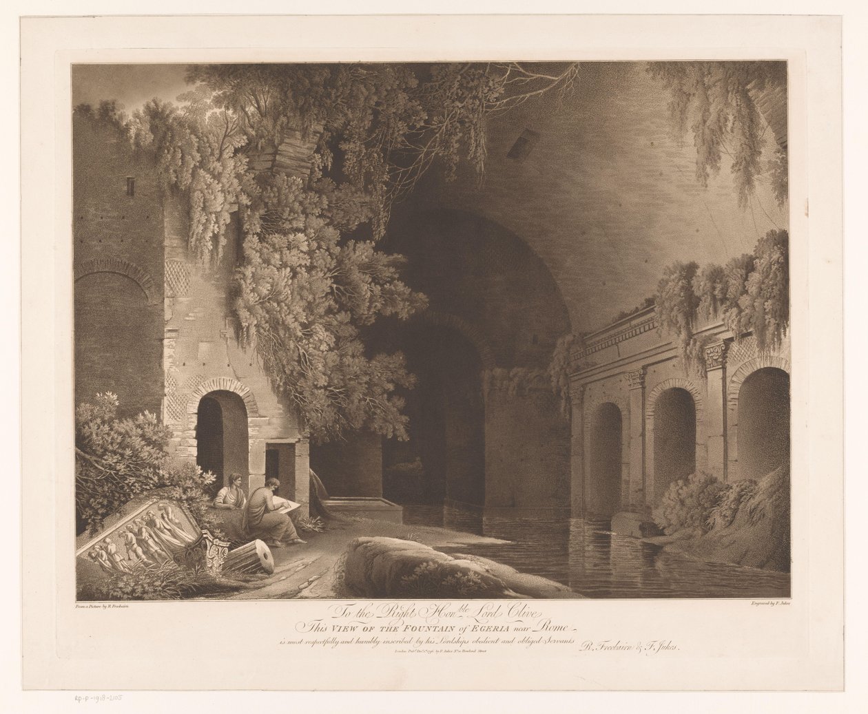 Två tecknare vid Nymphaeum of Egeria i Caffarellaparken nära Rom Utsikt över Egerias fontän nära Rom (titel på objektet) av Francis Jukes