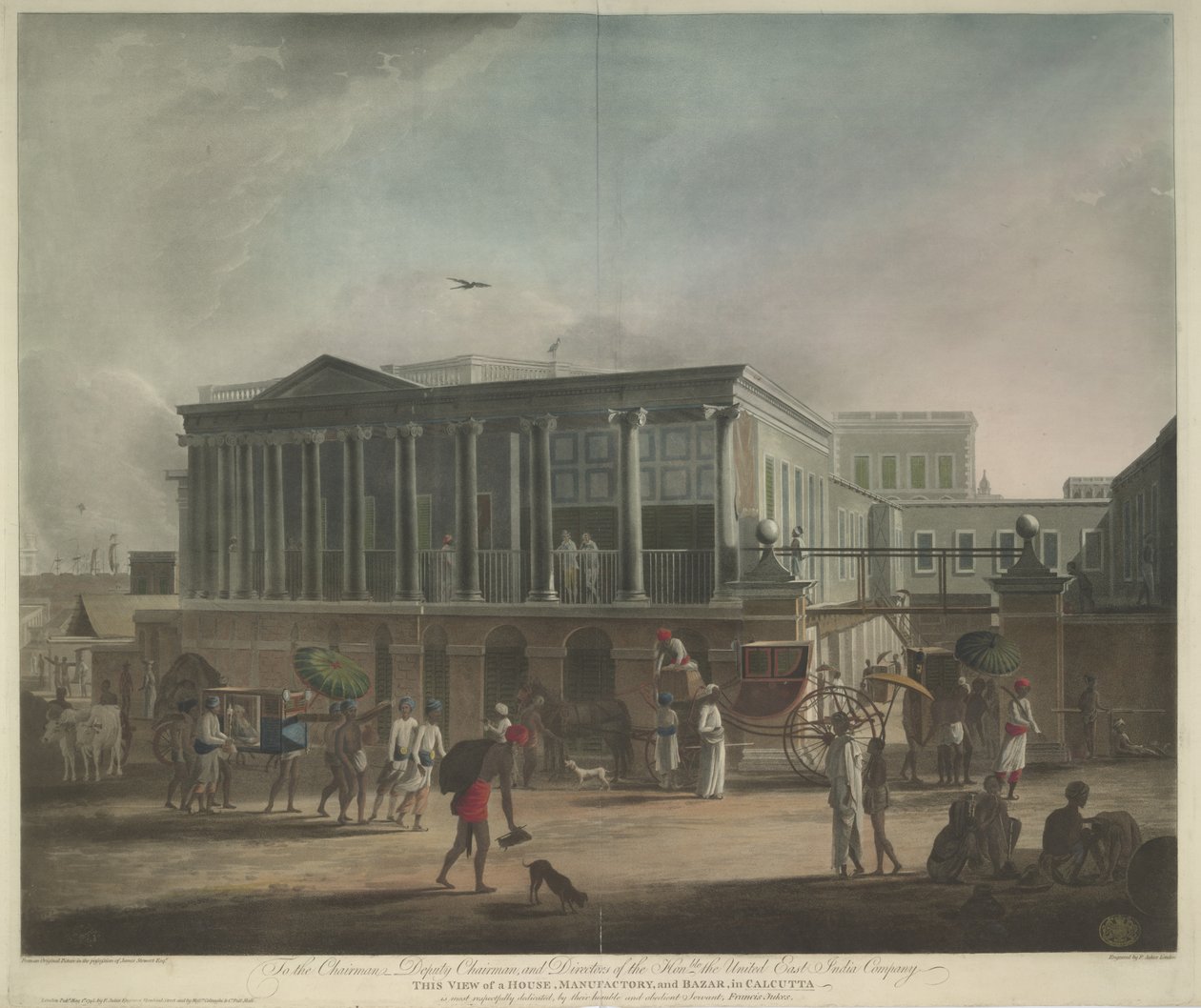 Vy över ett hus, manufaktur och basar i Calcutta av Francis Jukes