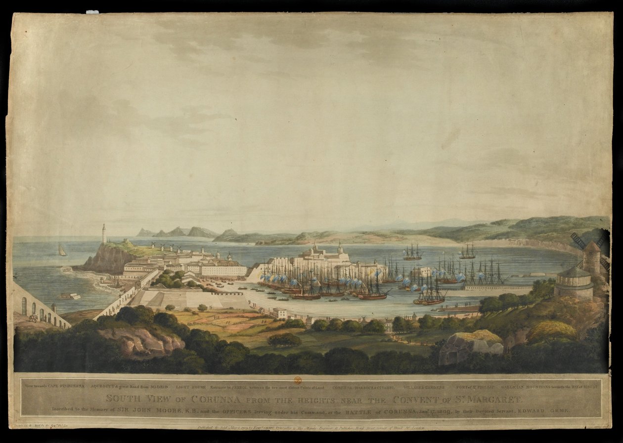 Södervy av Corunna från höjderna nära klostret St. Margaret, graverad av H. Merke, publicerad 1809 (färgad akvatint) av Francis Lee