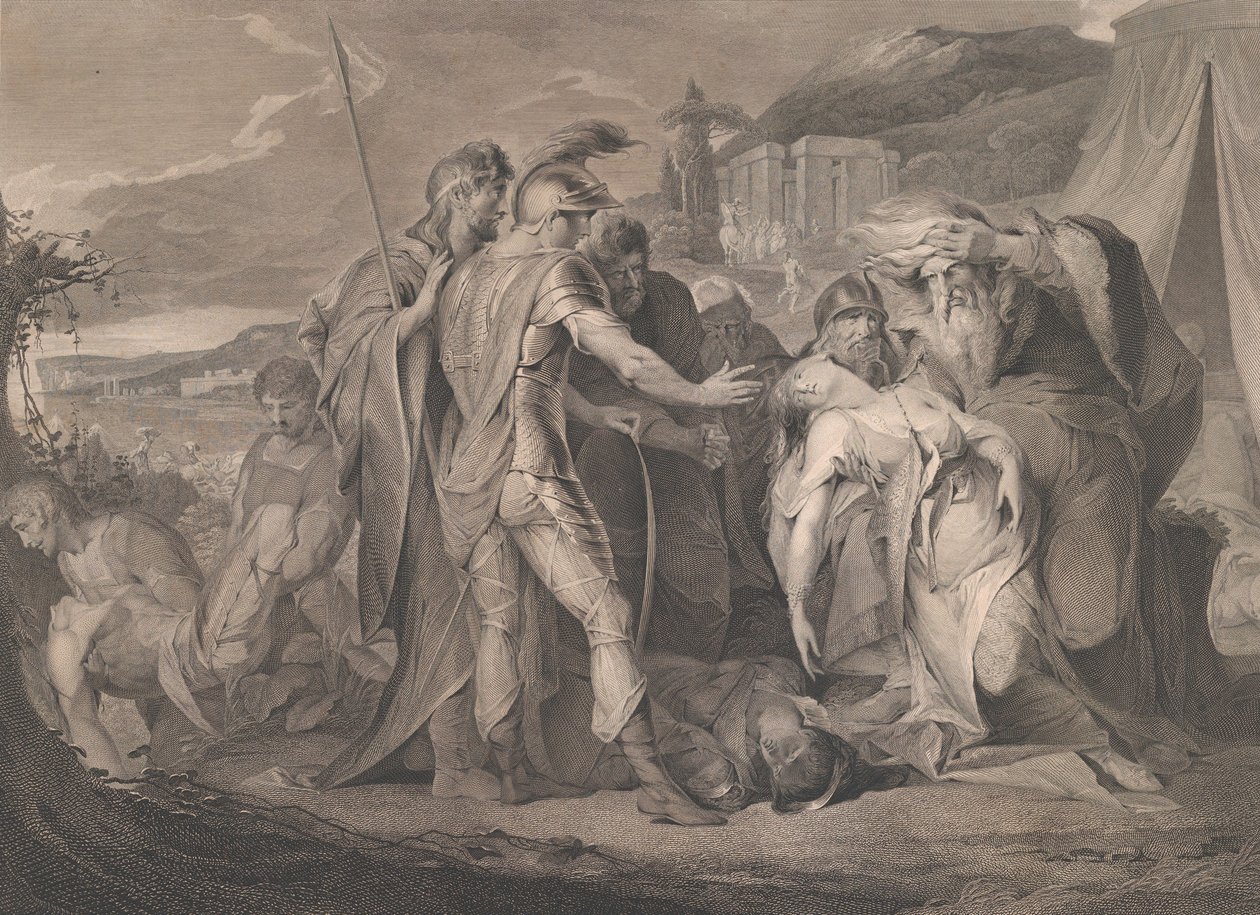 Kung Lear gråter över Cordelia Shakespeares kropp, Kung Lear, akt 5, scen..., 1 augusti 1792. av Francis Legat