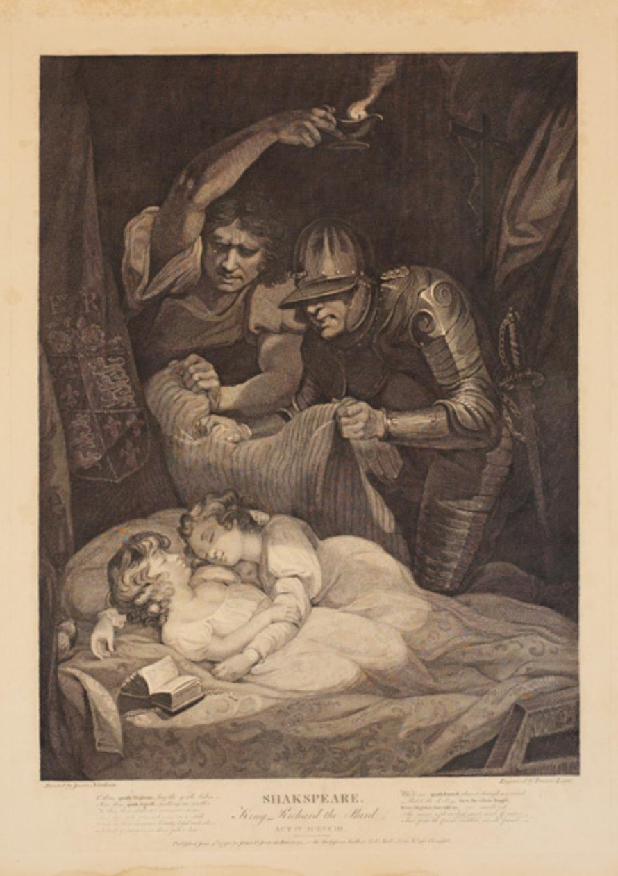 Mordet på Edward V och hans yngre bror, hertigen av York. Från William Shakespeares "Richard III", akt 4, scen 3 av Francis Legat