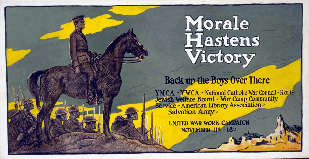 Moralen påskyndar segern - backa upp pojkarna där borta United War Work Campaign, 11-18 november, pub. 1918 av Francis Luis Mora