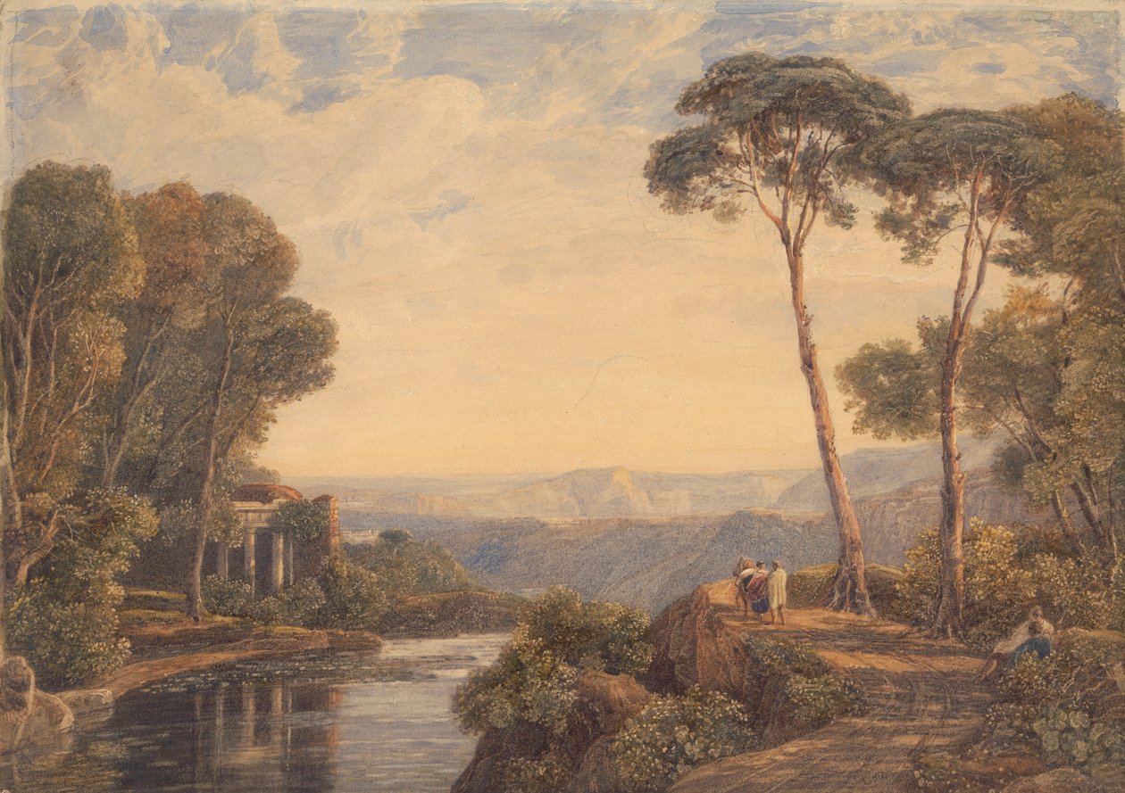 Landskap med ett tempel och figurer vid en flod av Francis Oliver Finch