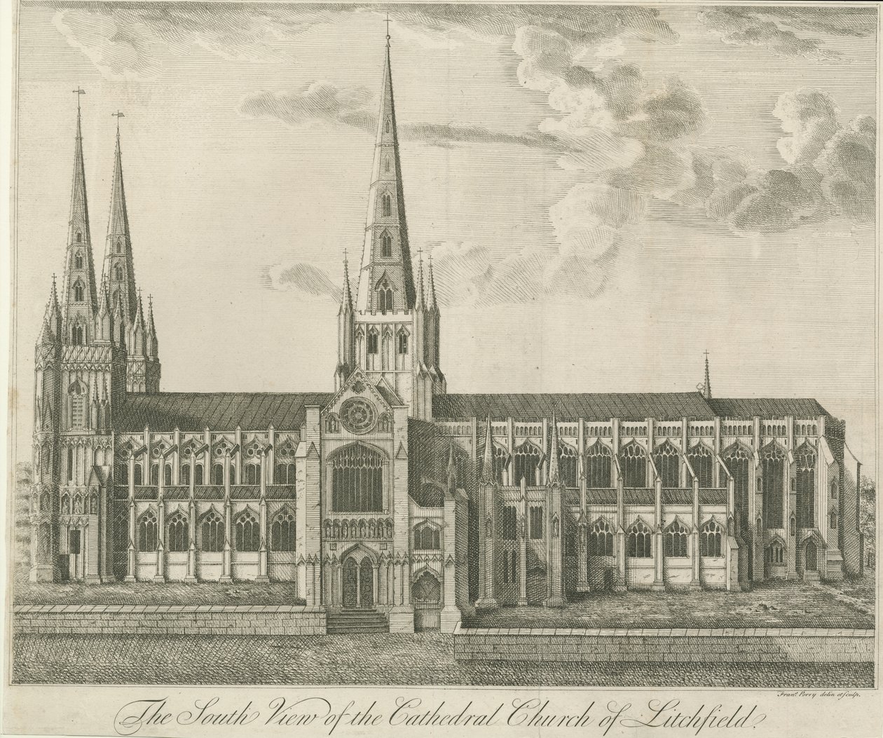 Lichfield Cathedral - South View: etsning och [1800-talet] (tryck) av Francis Perry