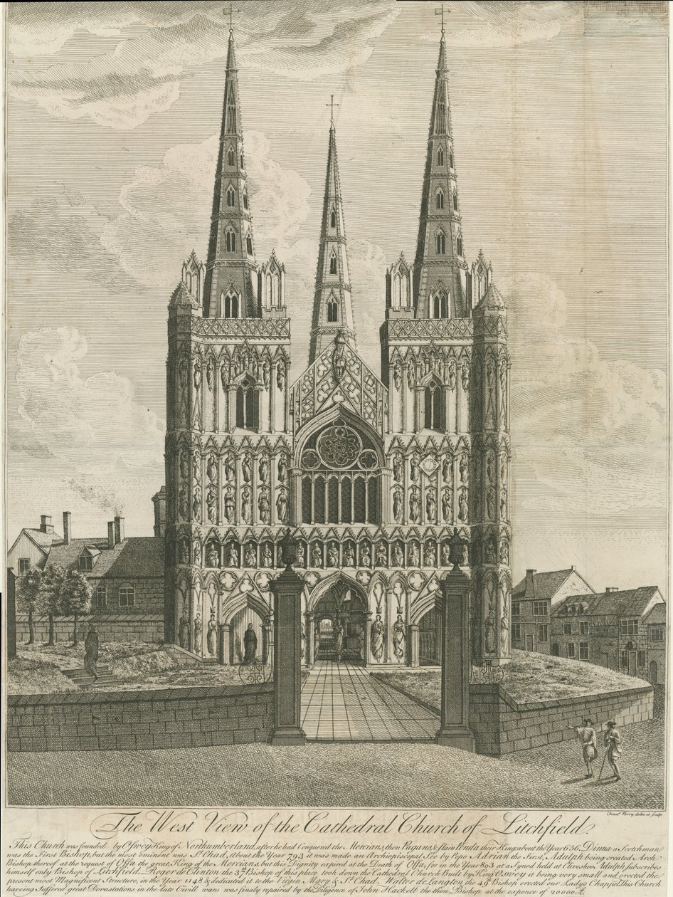 Lichfield Cathedral - West Front: gravyr och [1700-talet] (tryck) av Francis Perry