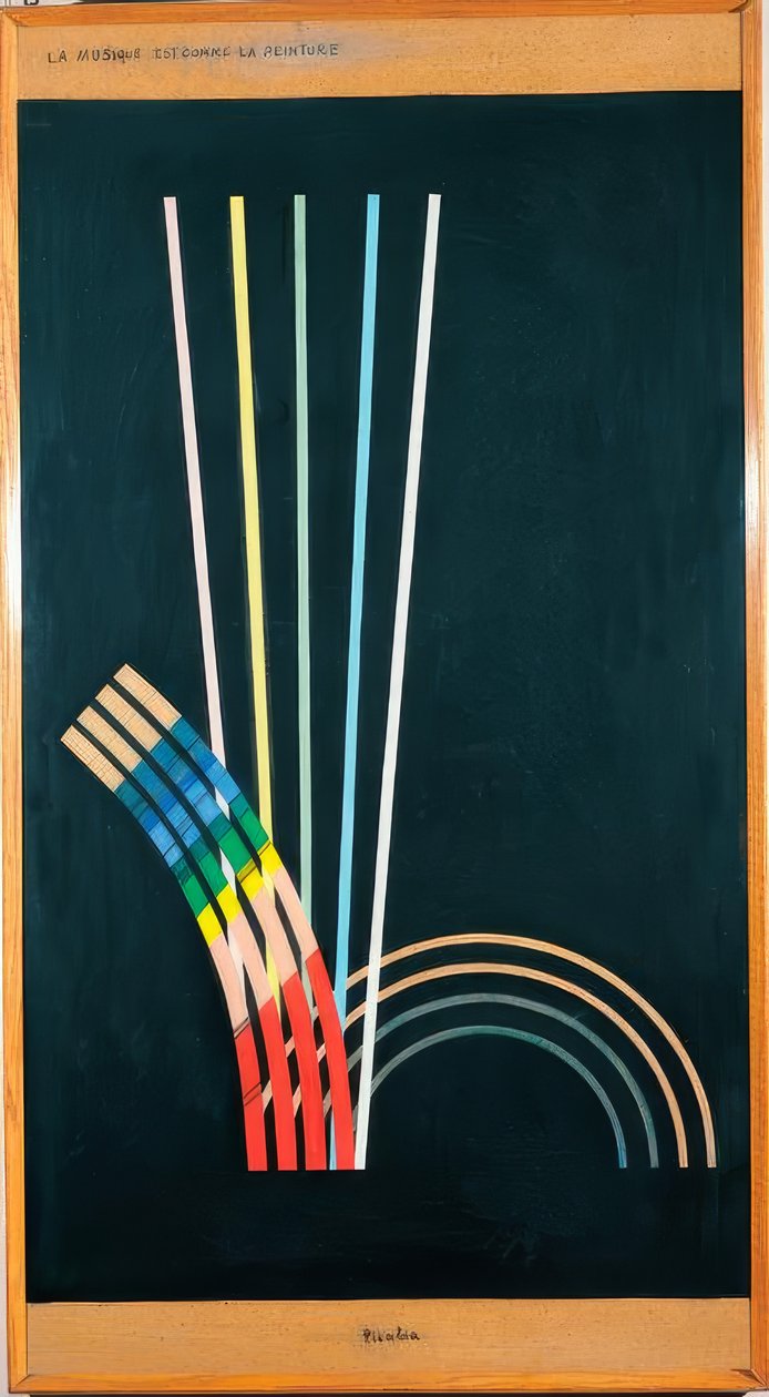 Alla färger. Svarta färger, vita, röda, blå, gula linjer, kurvor, raka linjer, bågar. av Francis Picabia
