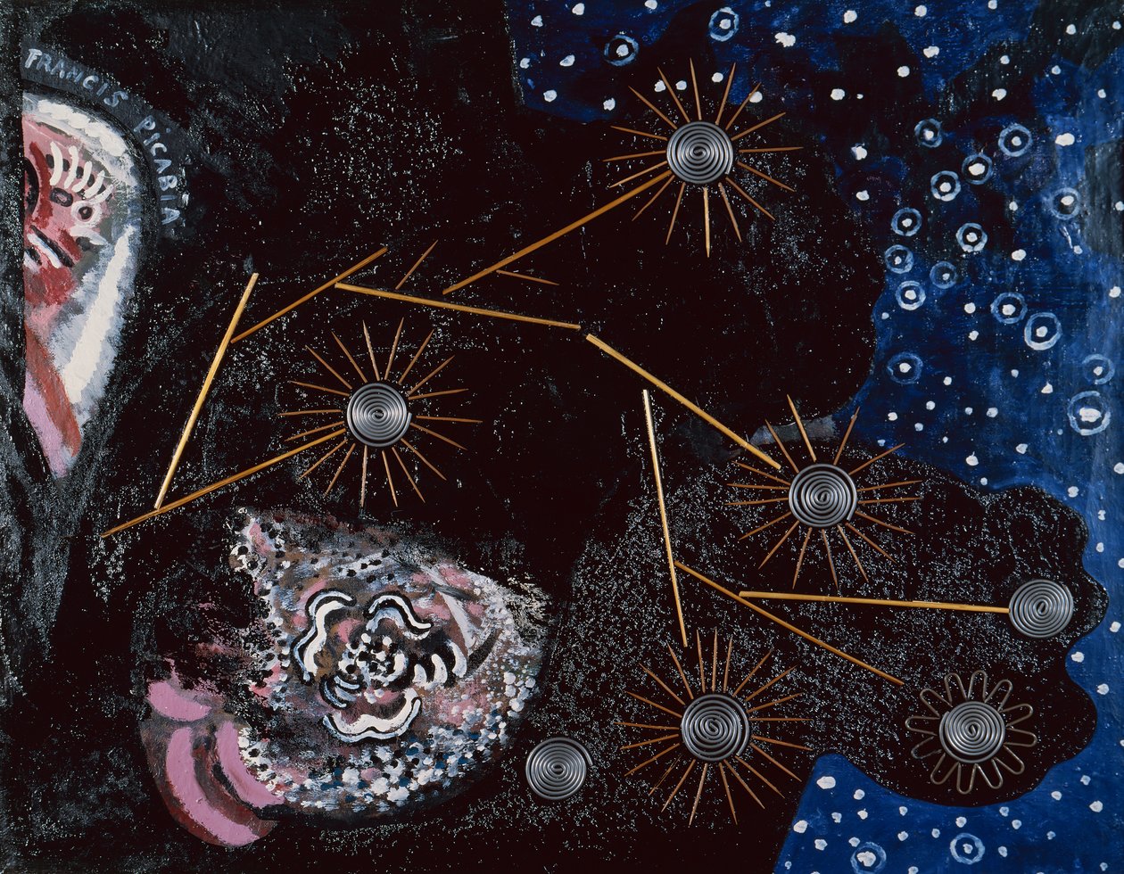 Flirt (ripolin, tandpetare, sugrör, häftklamrar och blytråd på duk) av Francis Picabia