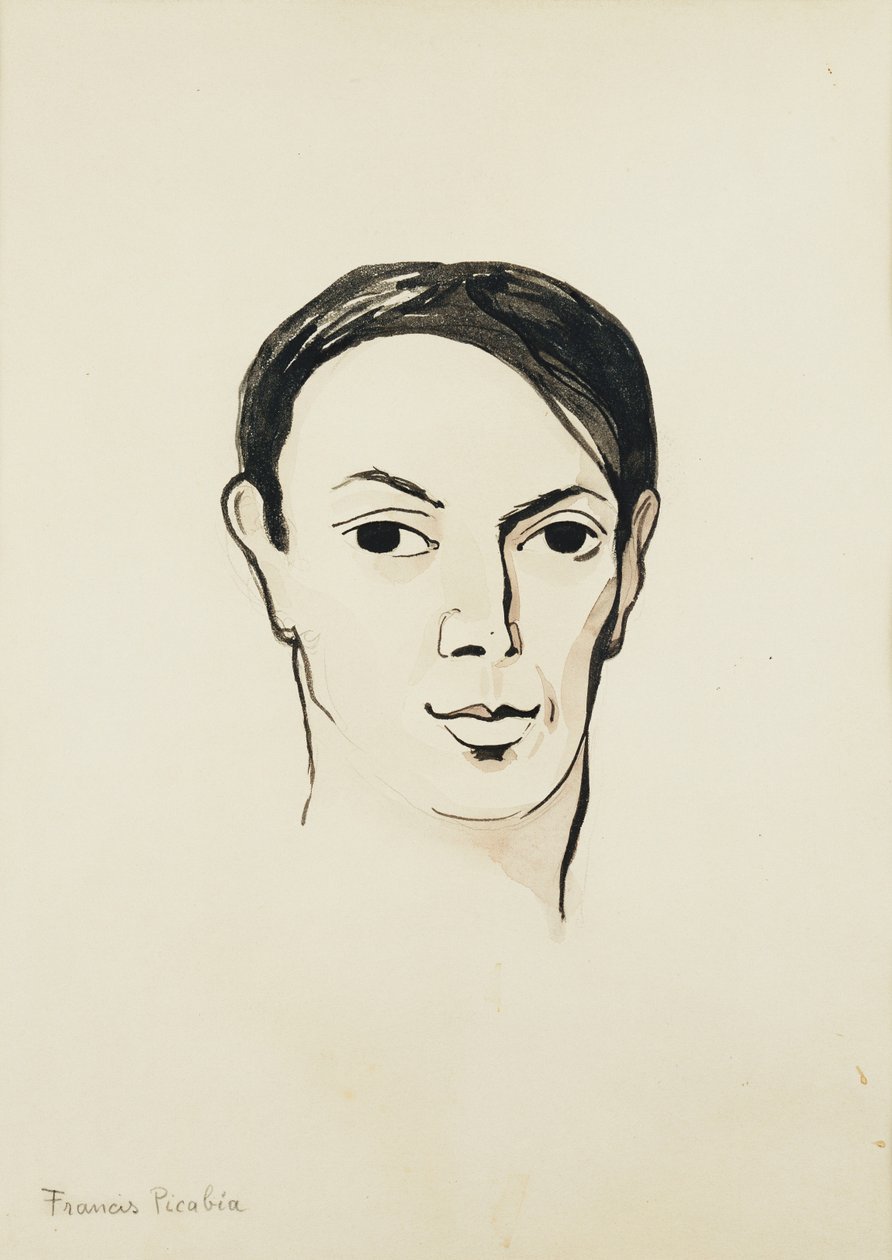 Porträtt av Pablo Picasso; Portrait de Pablo Picasso, ca 1902-1905 (akvarell, pensel och svart bläck samt blyerts på papper) av Francis Picabia
