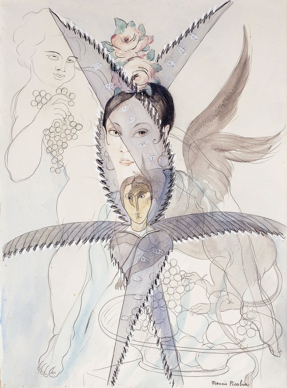 Transparence - Head and Winged Horse; Transparence - Tete et Cheval Aile, ca 1928 (akvarell, gouache, svart krita och blyerts på papper) av Francis Picabia