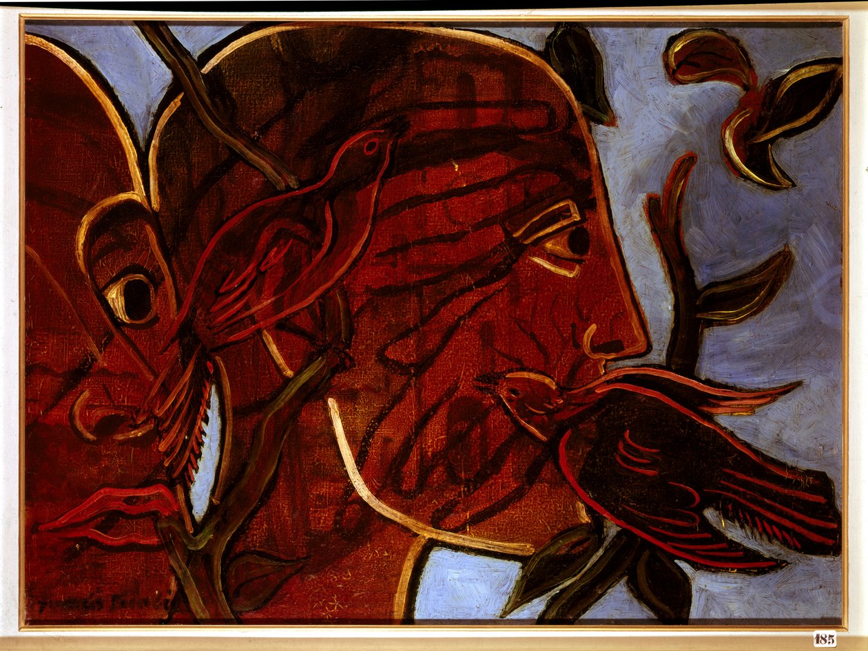 Genomskinlighet. Människoansikte med fåglar, 1900-tal (målning) av Francis Picabia
