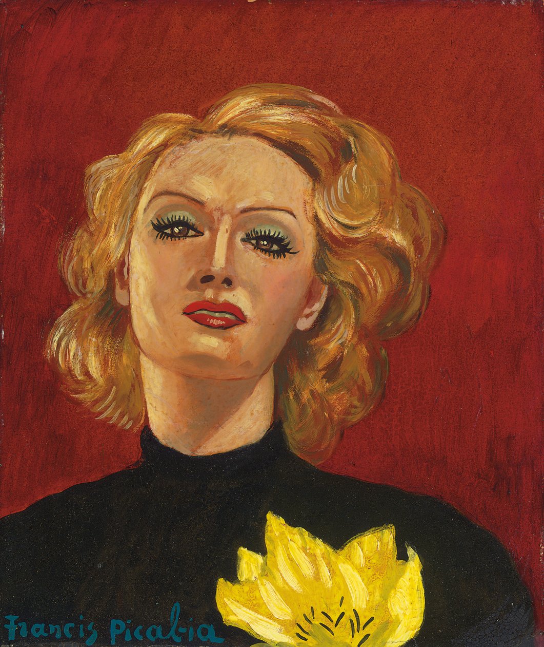 Kvinna med gul blomma, ca 1941-2 (olja på pannå) av Francis Picabia