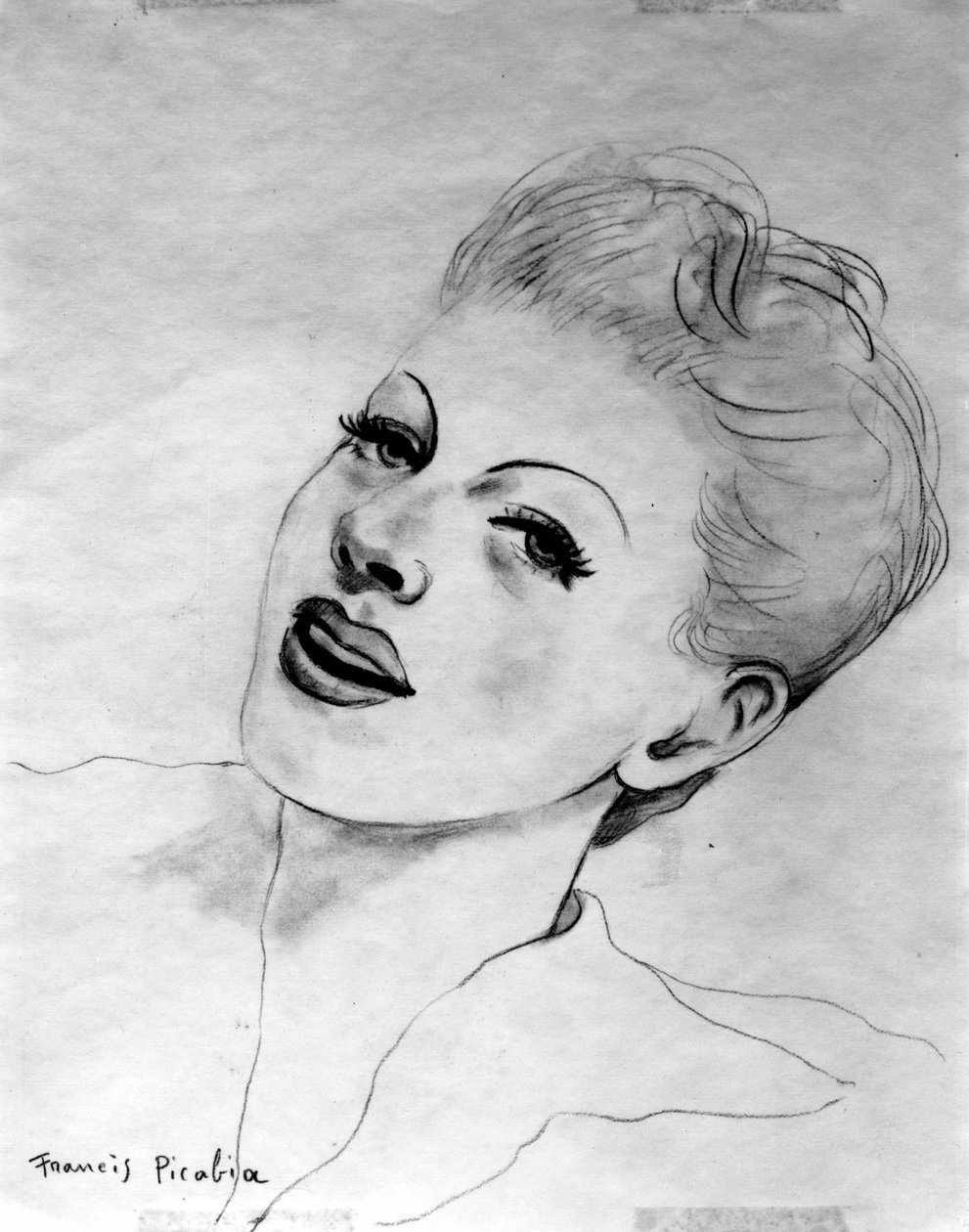 Kvinnoansikte lutar sig tillbaka, av Francis Picabia (1879-1953); grafitpenna på papper. av Francis Picabia