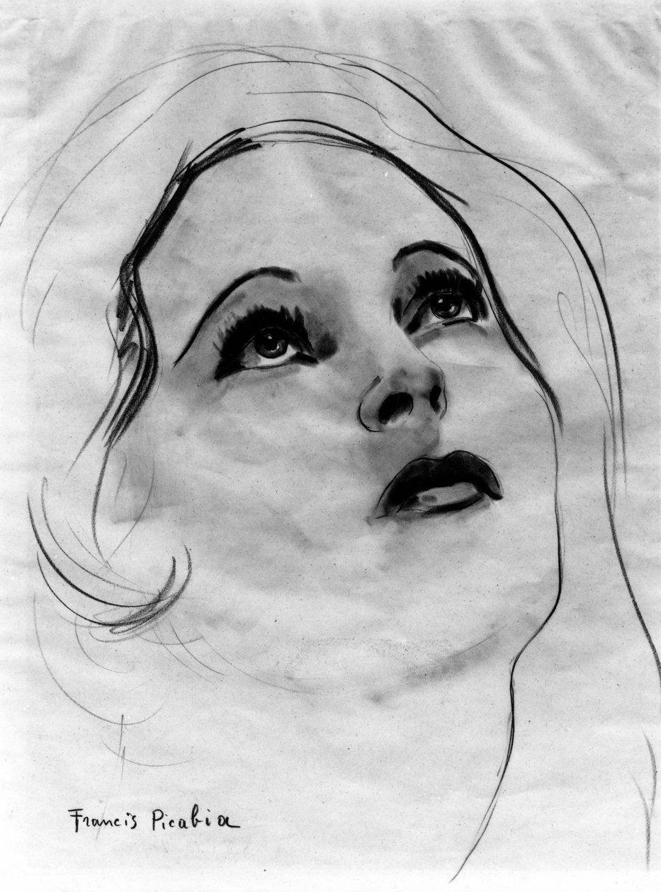Kvinnoansikte med upplyfta ögon, av Francis Picabia (1879-1953); grafitpenna och akvarell på papper. av Francis Picabia
